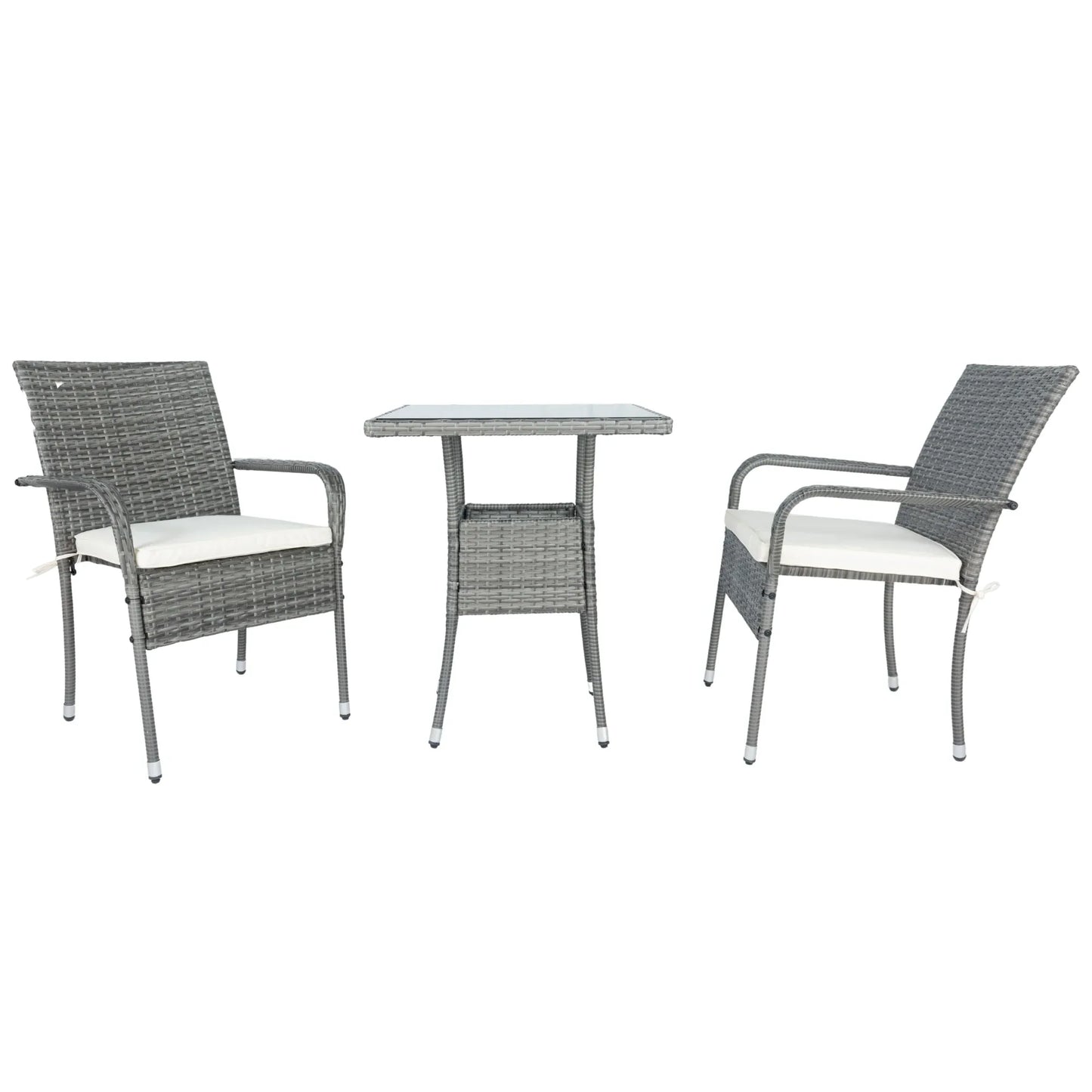 3 Piece Patio Wicker Conversation Set Grey Wicker + white Cushion - Shello's Creative Boutique