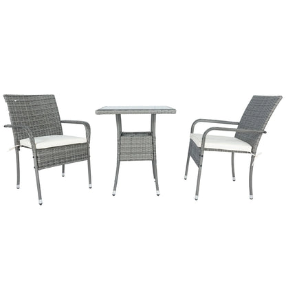 3 Piece Patio Wicker Conversation Set Grey Wicker + white Cushion - Shello's Creative Boutique