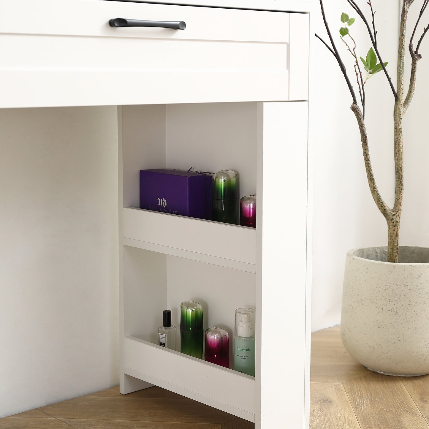 Vanity table with large sliding lighted mirror dressing table with 2 drawers storage shelves and upholstered stool white color eprolo