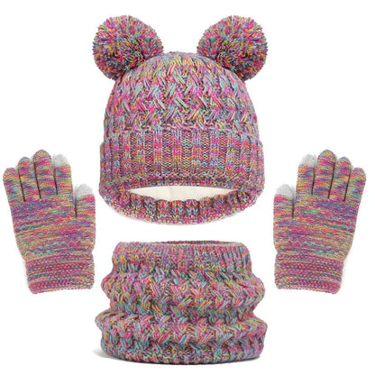 European and American children's hats, scarves, gloves, three piece set, autumn and winter plush and thickened double ball baby hats - Shello's Creative Boutique