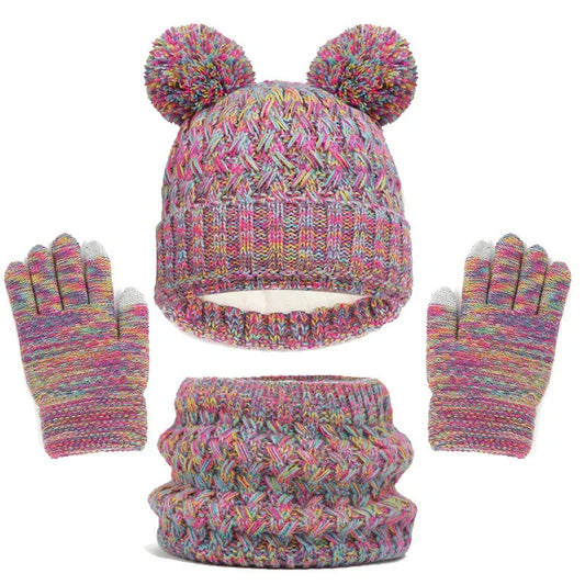 European and American children's hats, scarves, gloves, three piece set, autumn and winter plush and thickened double ball baby hats - Shello's Creative Boutique