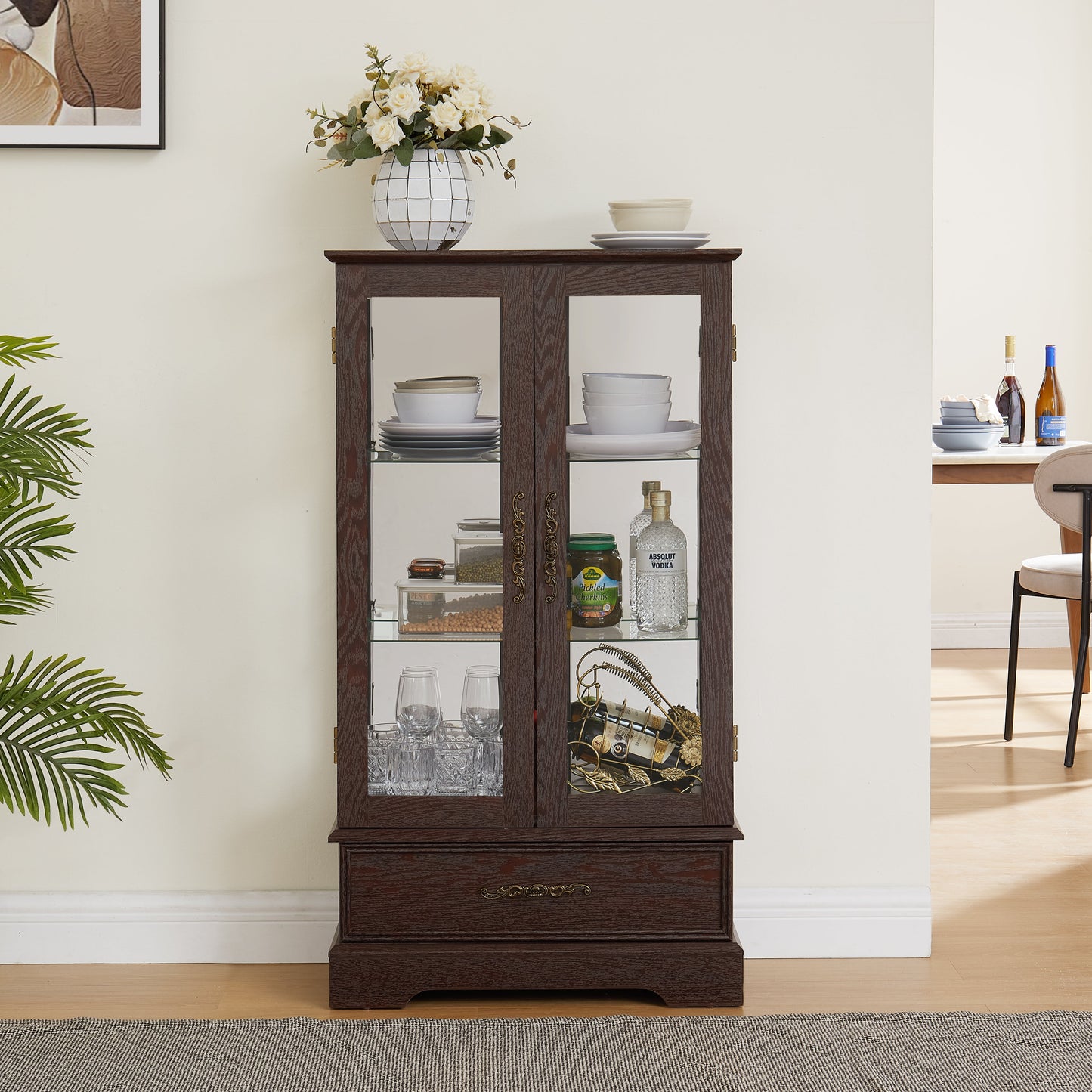 Light colored glass cabinet with adjustable glass frame Curio display cabinet, 2 doors and 1 drawer light bulb cherry color eprolo