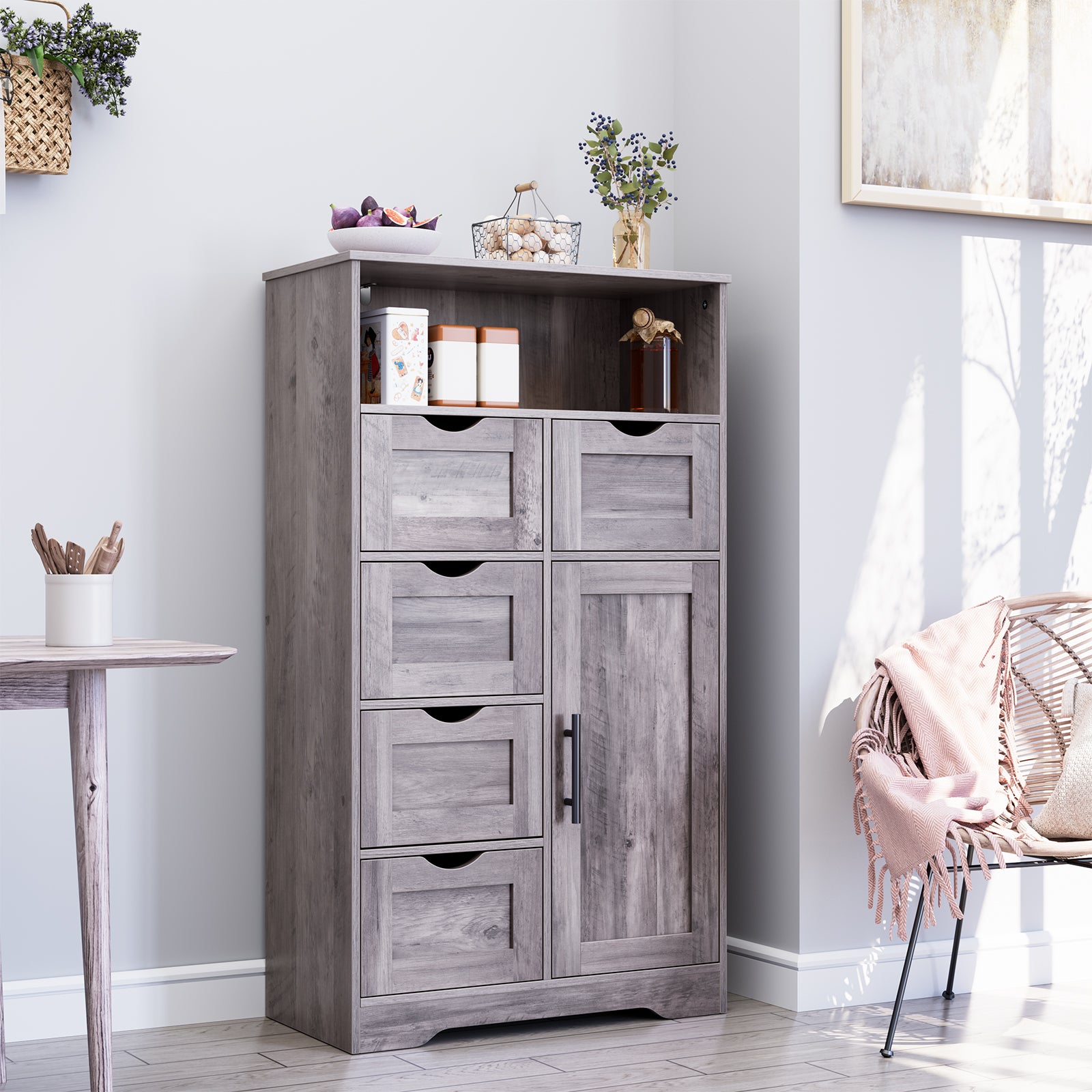 5 Drawers Storage Cabinet with Adjustable Shelves, Bathroom Cabinet with Doors, Floor Cabinet for Living Room Grey eprolo