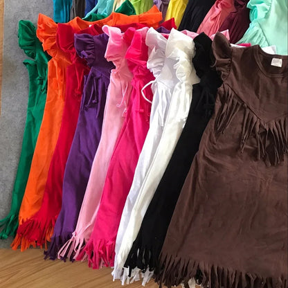 baby girls spring summer solid Tassels cotton dress boutique all-match clothing kids wear fringe multi color mint hot sale - Shello's Creative Boutique