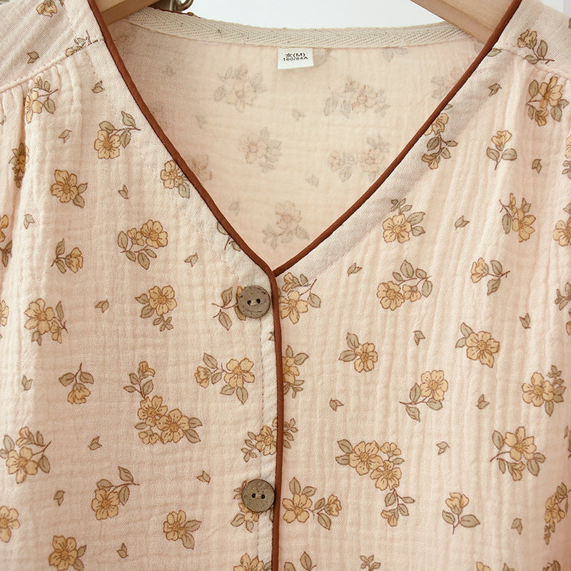 New crepe pajamas spring and summer pure cotton gauze home wear retro small flower long sleeved pants set cardigan style eprolo
