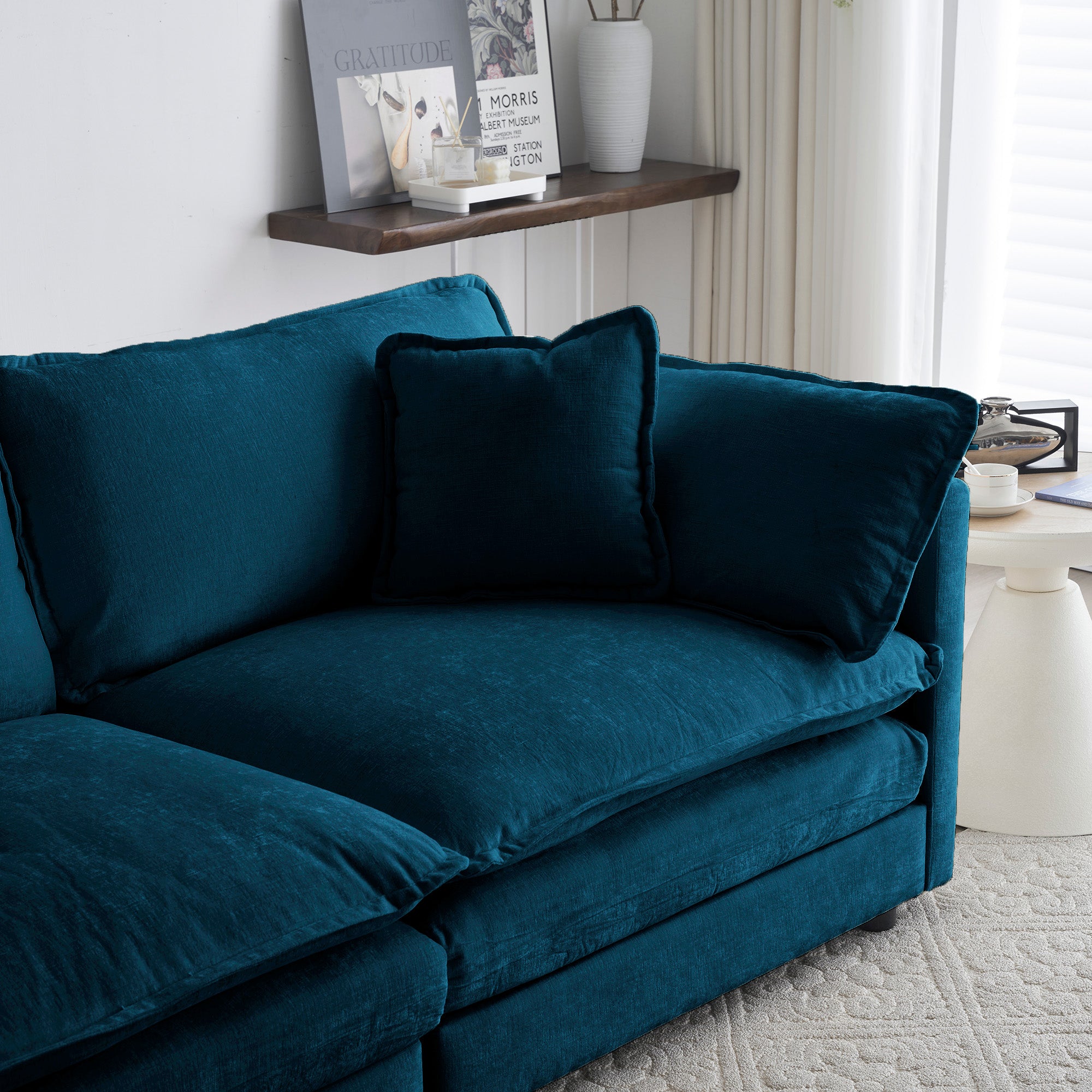 Mid-Century Modern Couch 3-Seater Sofa with 2 Armrest Pillows and 3 Toss Pillows, Couch for Living Room Blue Chenille Shello Creative Boutique