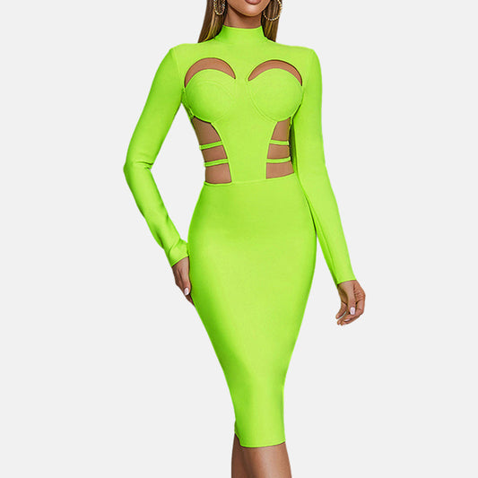 New Fluorescent Green Sexy Hollow Out Bodycon Design  Bandage Dress Women'S Long Sleeve Fashion Club Party Vesidos eprolo