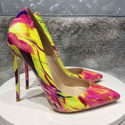 12cm heel Glossy Colourful Print Women Pointed Toe High Heels Stilettos Pumps