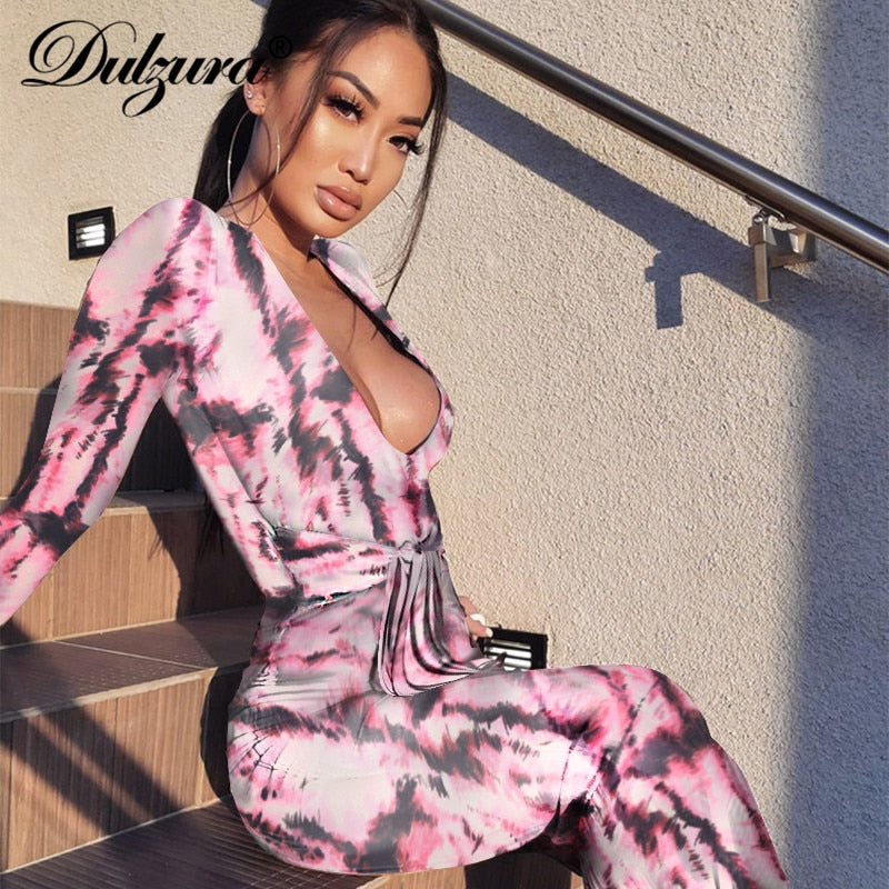 Dulzura tie dye print women midi dress long sleeve bodycon sexy bandage bodycon sexy autumn winter clothes party dinner eprolo