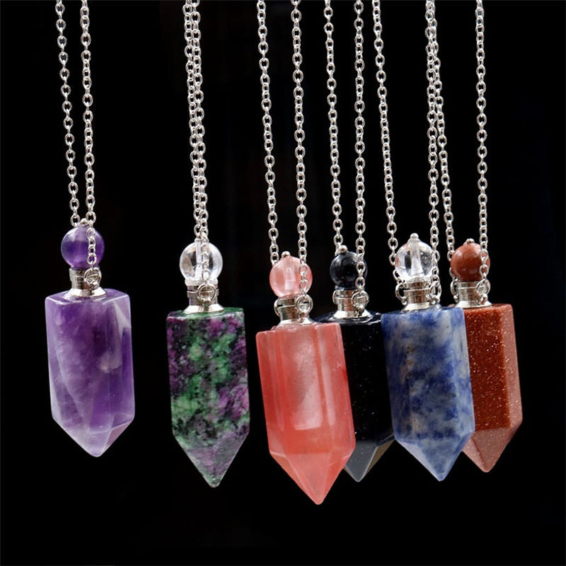 Natural Crystal Hexagonal Perfume Bottle Pendant Necklace  Fluorite Pendant Essential Oil Jar Chain Necklace Shello Creative Boutique