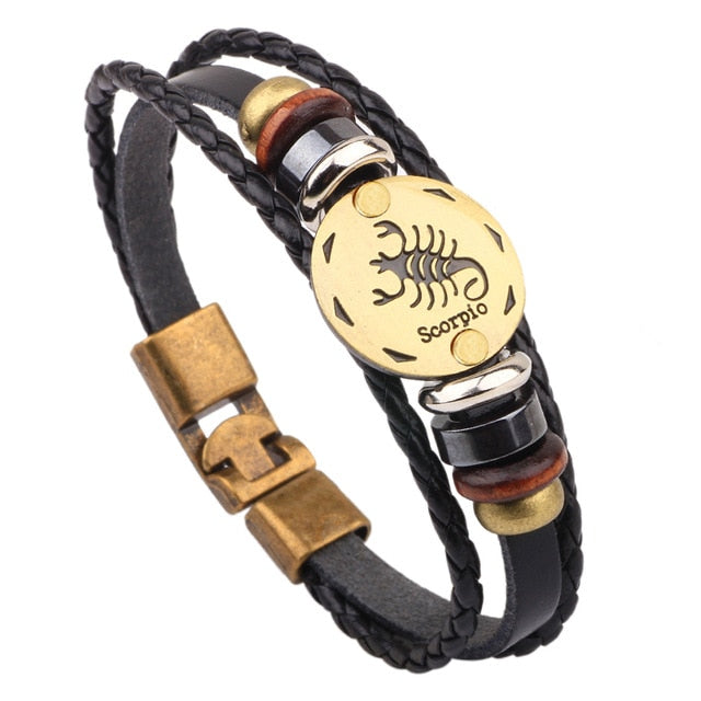 12 Horoscope Leather Bracelet Men Jewelry Vintage Retro Charm Bracelet Male Jewelry 8.2 eprolo