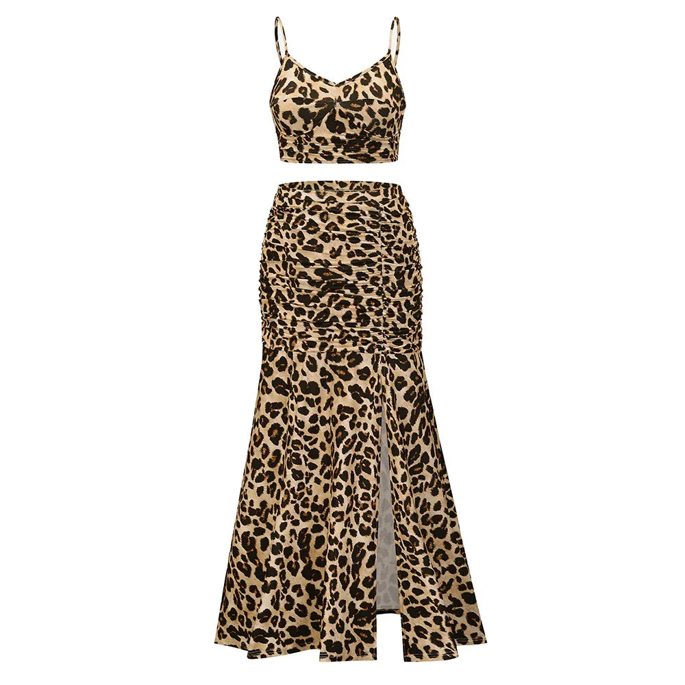 Plus Size Printed Two-Piece Dress with Slit - Pleated Sling Dress Set - Shello's Creative Boutique