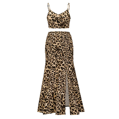 Plus Size Printed Two-Piece Dress with Slit - Pleated Sling Dress Set - Shello's Creative Boutique