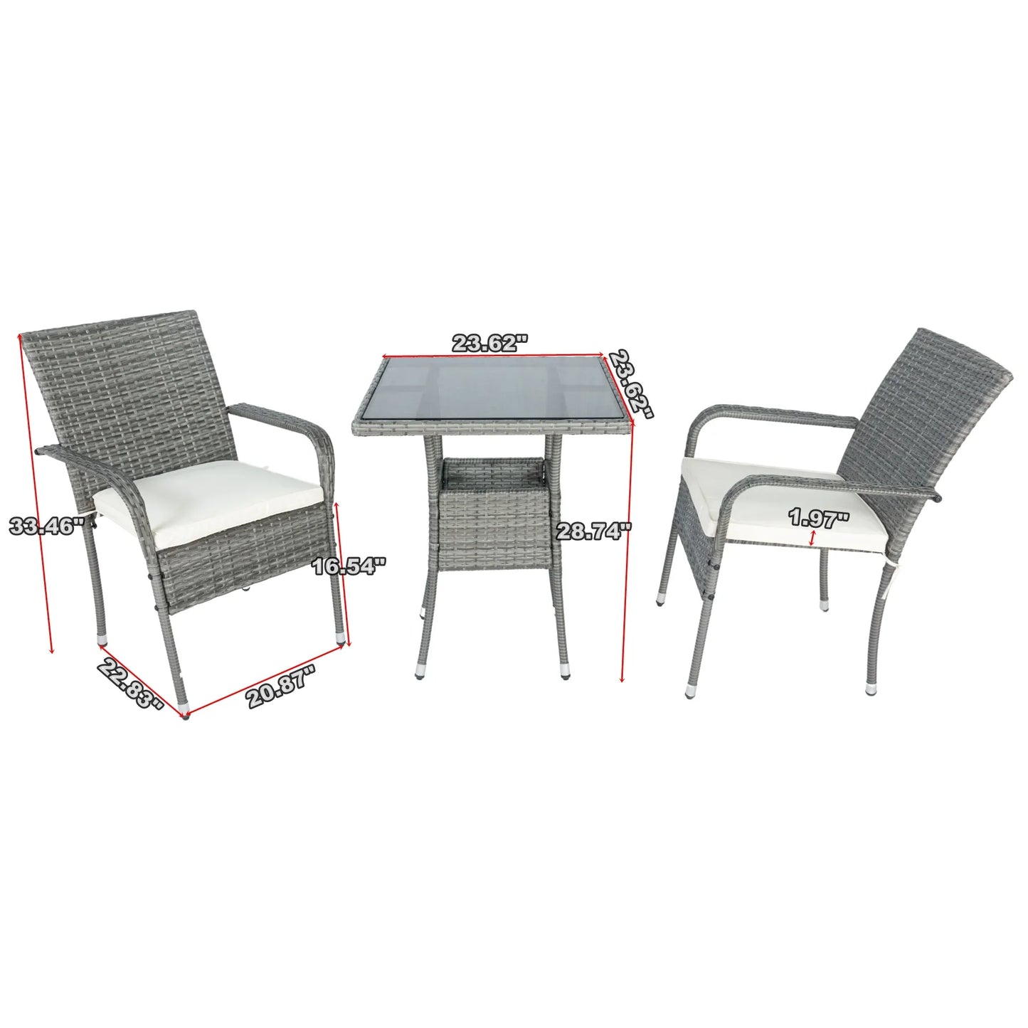 3 Piece Patio Wicker Conversation Set Grey Wicker + white Cushion - Shello's Creative Boutique