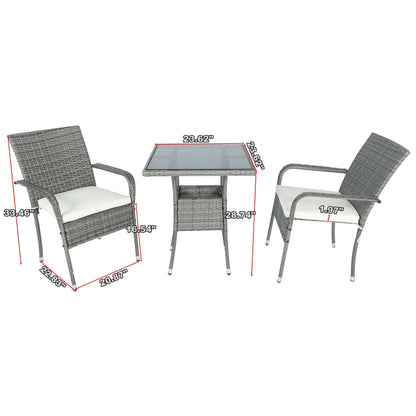 3 Piece Patio Wicker Conversation Set Grey Wicker + white Cushion - Shello's Creative Boutique