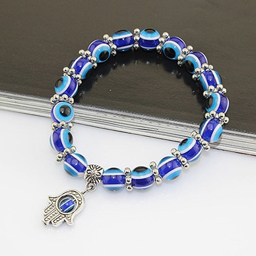 Handmade Hamsa Fatima Bangle Evil Eye Beads Elastic Couple Bracelet Femme Jewelry eprolo