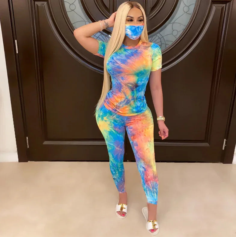 Tie-Dye Two Piece Set Women Summer Clothes Casual Sportswear 2 Piece Outfit for Women Sweat Suit Short Sleeve Top and Shorts Set include Mask - Shello's Creative Boutique