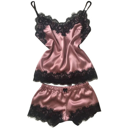 Satin Lace Pyjama Set - Black Cami Top & Shorts - Shello's Creative Boutique