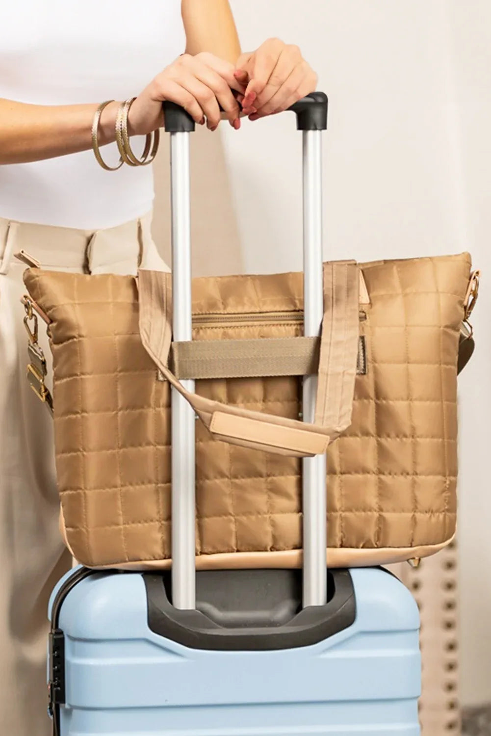 Camel Quilted Patchwork Large Tote Bag and Clutch 2pcs Set - Shello's Creative Boutique