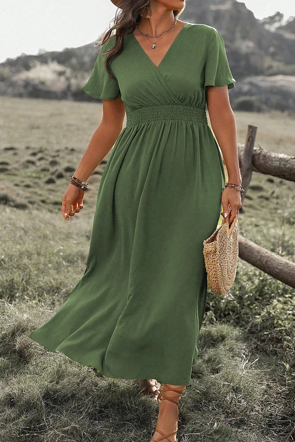 Green Surplice Neckline Smocked High Waist Plus Size Maxi Dress - Shello's Creative Boutique