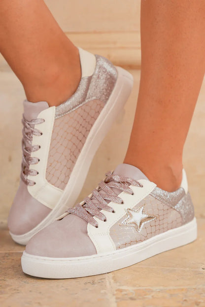 Silver Glitter Star Sneakers - PU Leather Patchwork Trainers - Shello's Creative Boutique