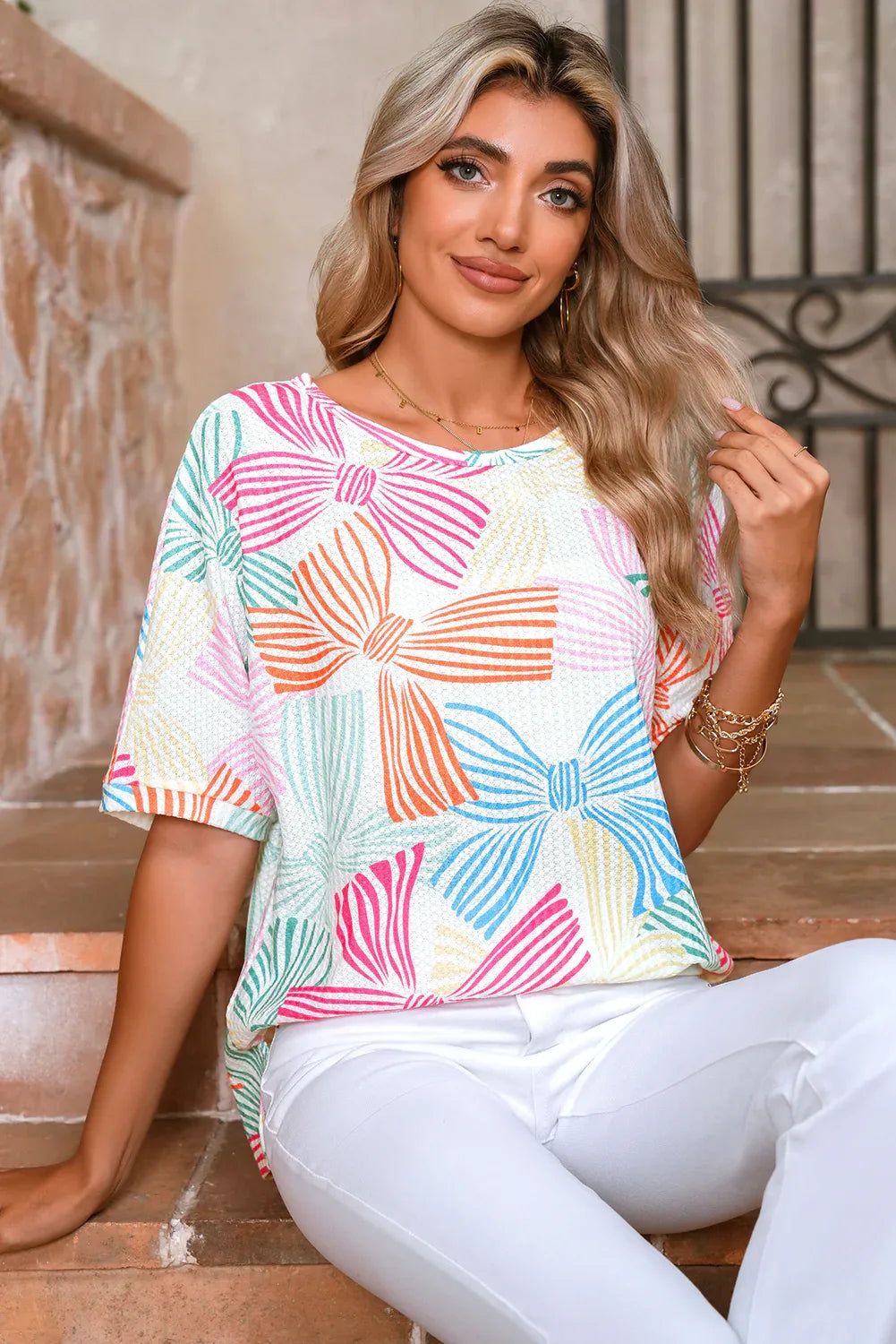 Pink Bowknot Print Waffle Loose Tee - Shello's Creative Boutique