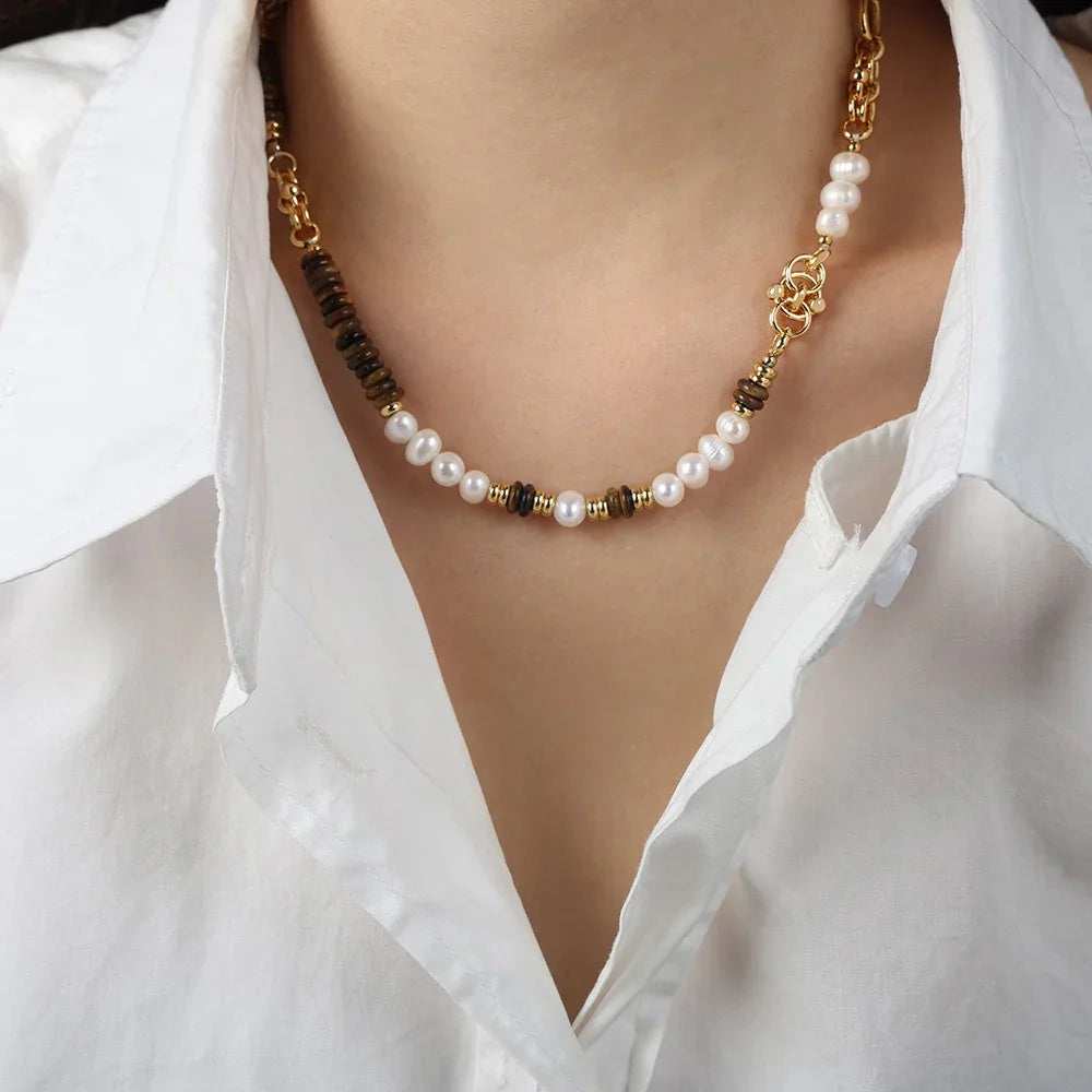 18k gold light luxury retro tiger eye stone with pearl beading design palace style necklace and bracelet set - Shello's Creative Boutique