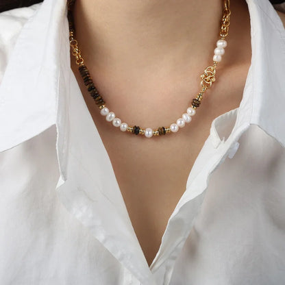 18k gold light luxury retro tiger eye stone with pearl beading design palace style necklace and bracelet set - Shello's Creative Boutique