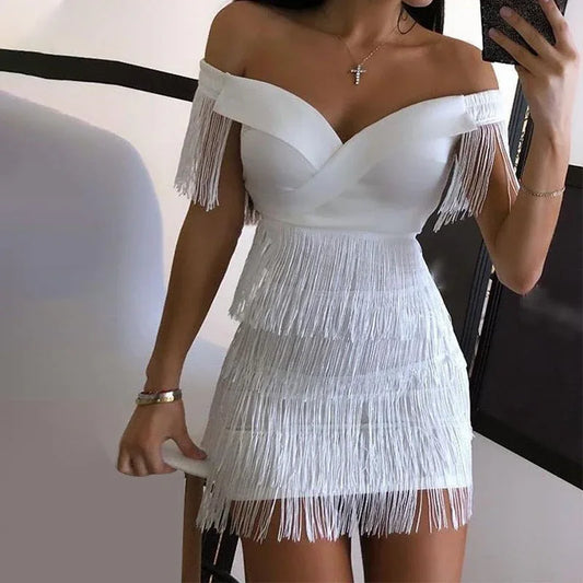 White Off Shoulder Tassel Mini Dress - Bodycon Bandage Dress - Shello's Creative Boutique
