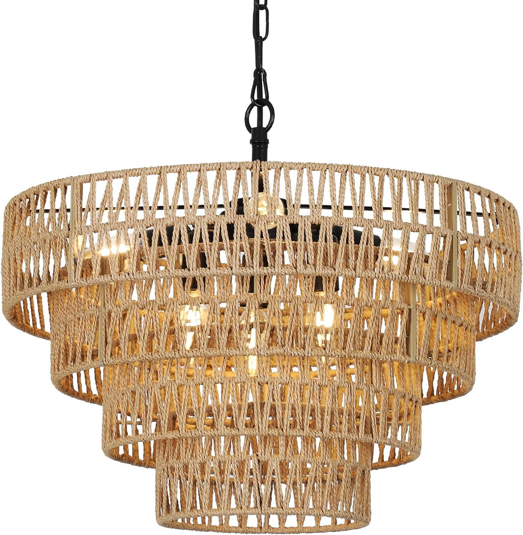 6-Light Dining Room Light Fixture, Wicker Pendant Lighting with 4-Tier Woven Lampshade, Large Farmhouse Chandeliers (20") eprolo