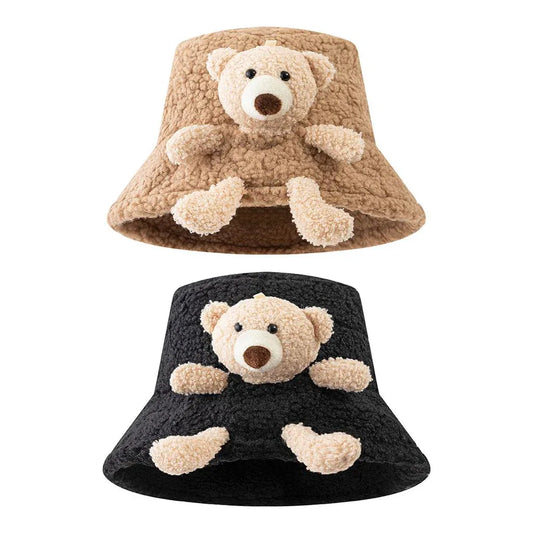 Winter Warm Bucket Hat 3D Stuffed Teddy Bear Wide Brim Autumn Plush Fisherman Hat for Adults Children Cute Bear Basin Hat - Shello's Creative Boutique