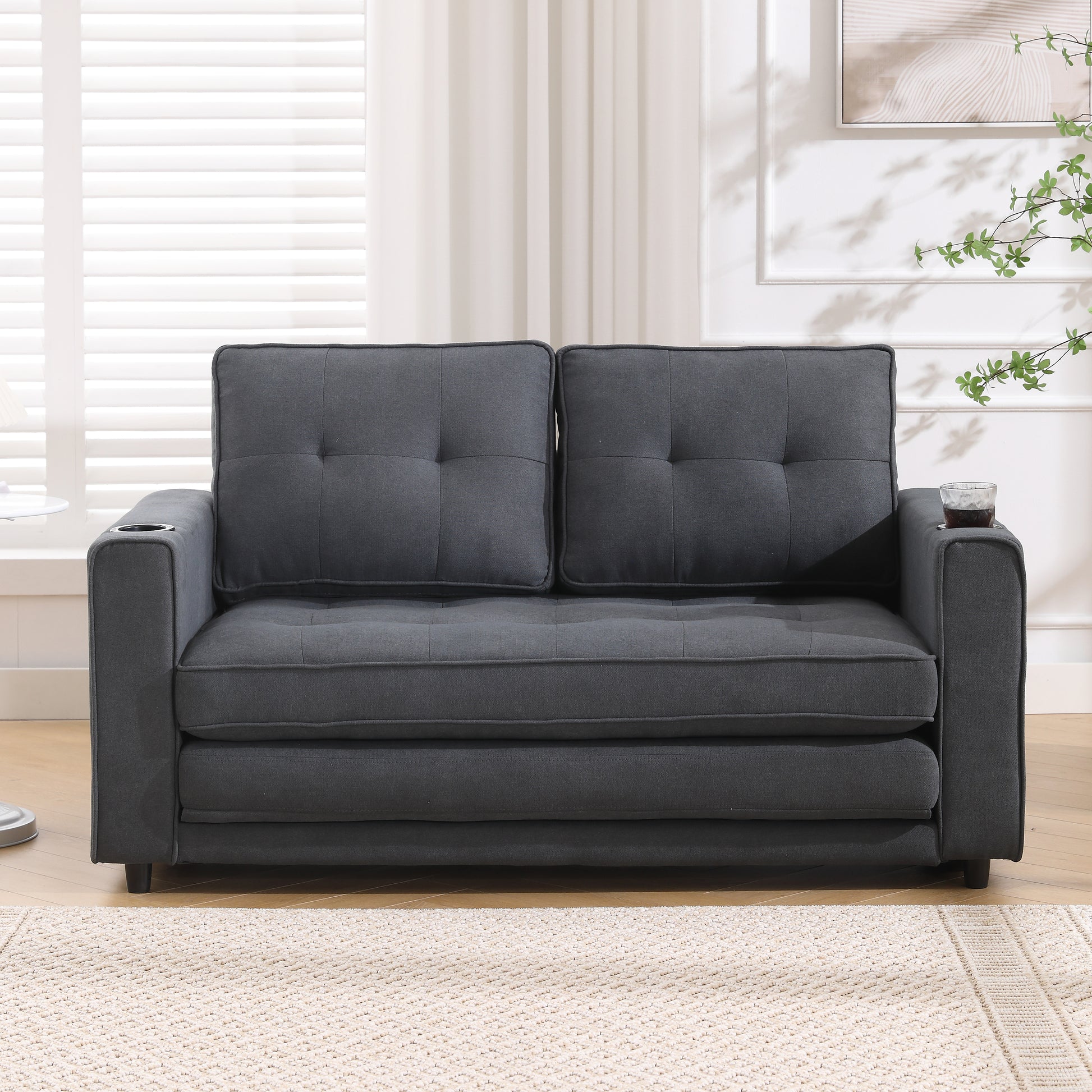 Three in one soft cushion cushion cushion sofa, folding mattress sofa bed, with side pockets and cup holder, dark gray eprolo