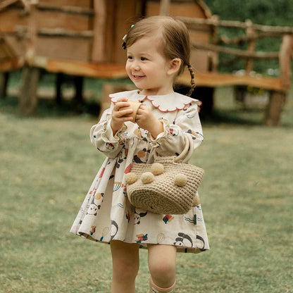 Autumn New Children's Clothing Girls Dress Long-Sleeved Korean Cartoon A-Line Skirt Lace Lapel Corduroy Skirt - Shello's Creative Boutique