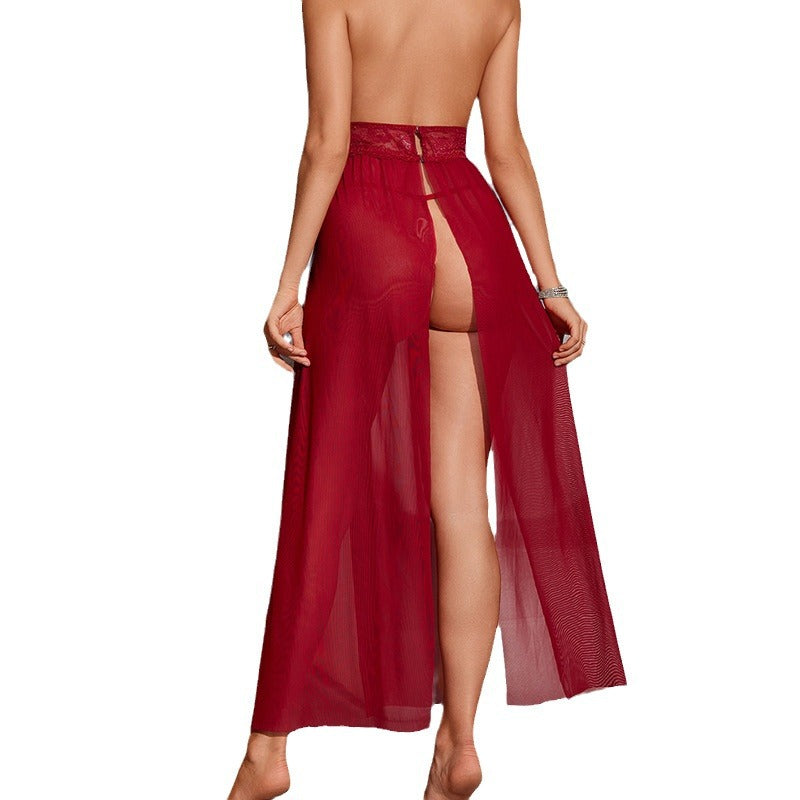 Sexy lingerie perspective long skirt pajama set, sexy transparent lace backless nightgown eprolo