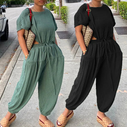 Women's Elastic Cotton And Linen Fashion Casual Wide Leg Pants Solid Color Two Piece Suit - Shello's Creative Boutique