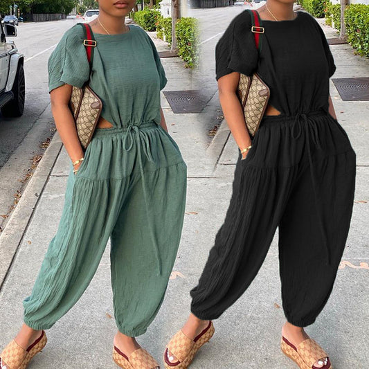 Women's Elastic Cotton And Linen Fashion Casual Wide Leg Pants Solid Color Two Piece Suit eprolo