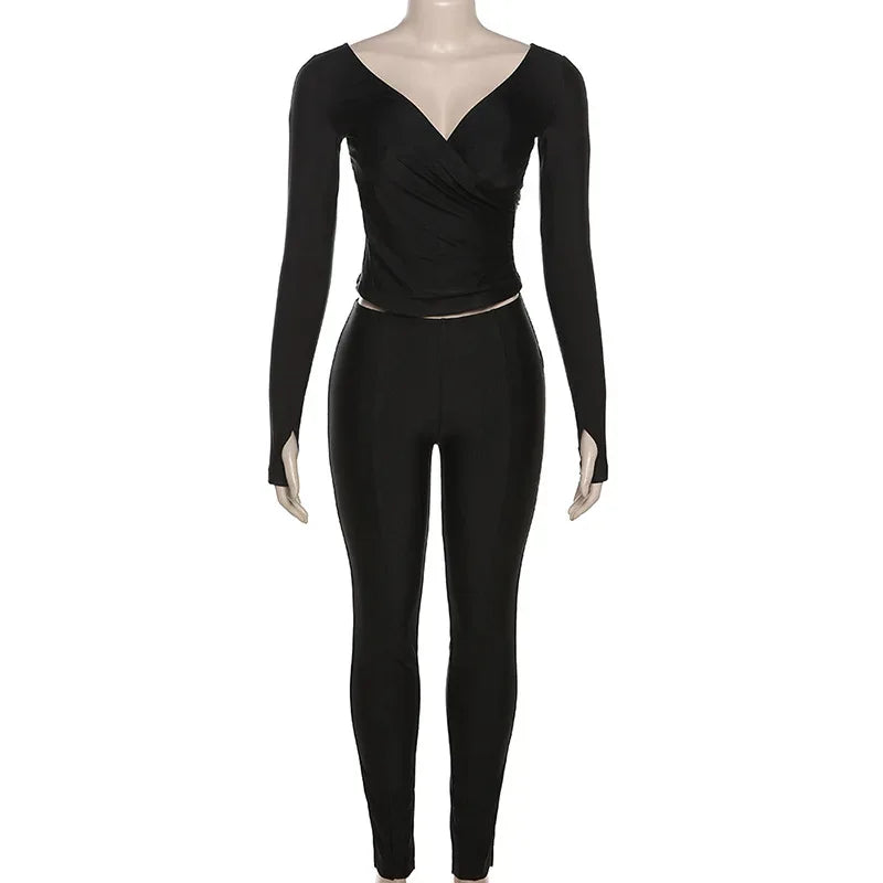 Autumn Solid Casual Two Piece Set Women Sexy Wrapped V Neck Off Shoulder Gloves Long Sleeve Crop Top Slim Split Pants Suits - Shello's Creative Boutique