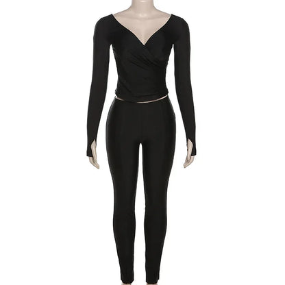 Autumn Solid Casual Two Piece Set Women Sexy Wrapped V Neck Off Shoulder Gloves Long Sleeve Crop Top Slim Split Pants Suits - Shello's Creative Boutique
