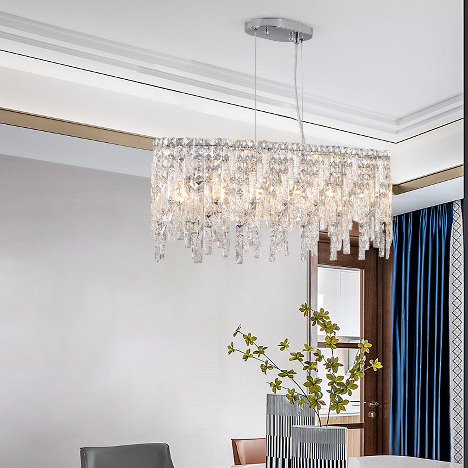 Silver elegant oval crystal pendant light, modern ceiling fixture with reflective suspended crystal (bulb not included) eprolo