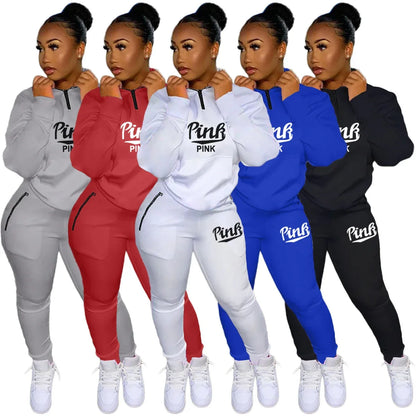 Fall Winter Tracksuits Two Piece Set Women Pink Letter Print Sport Casual Outfits Zip Sweatshirt Top+Pants Set Women Sweat Suits - Shello's Creative Boutique