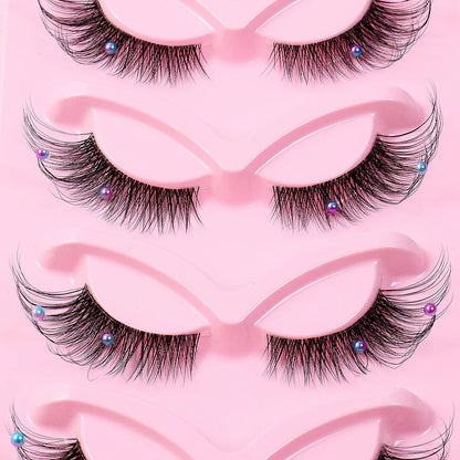 Clear Band Corner Foxy Winged Cat Eye 3D Strip Lashes Silk Party Full False Eyelash Vegan Faux Mink Eyelash With Diamond Pearl - Shello's Creative Boutique