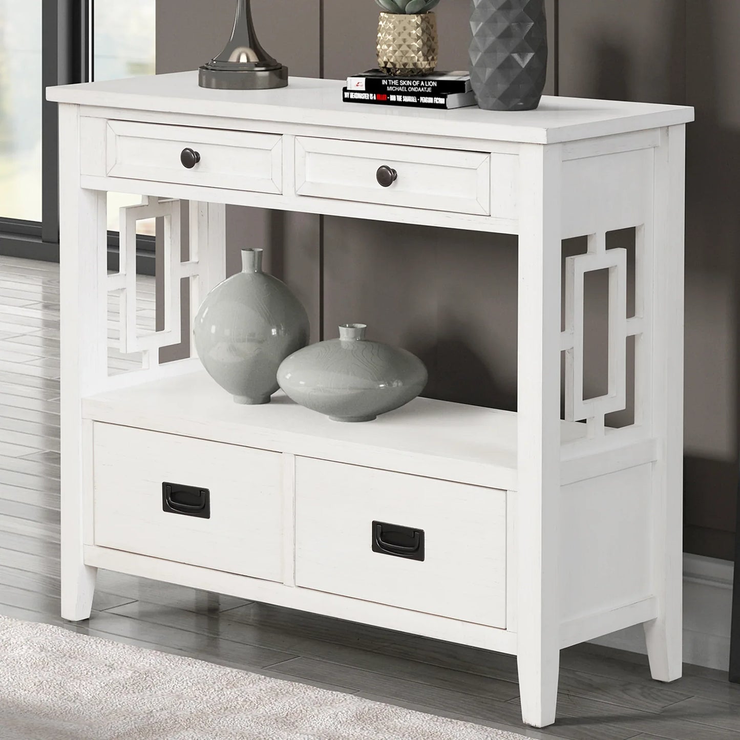 36'' Farmhouse Pine Wood Console Table Entry Sofa Table with 4 Drawers & 1 Storage Shelf (Antique White) - Shello's Creative Boutique