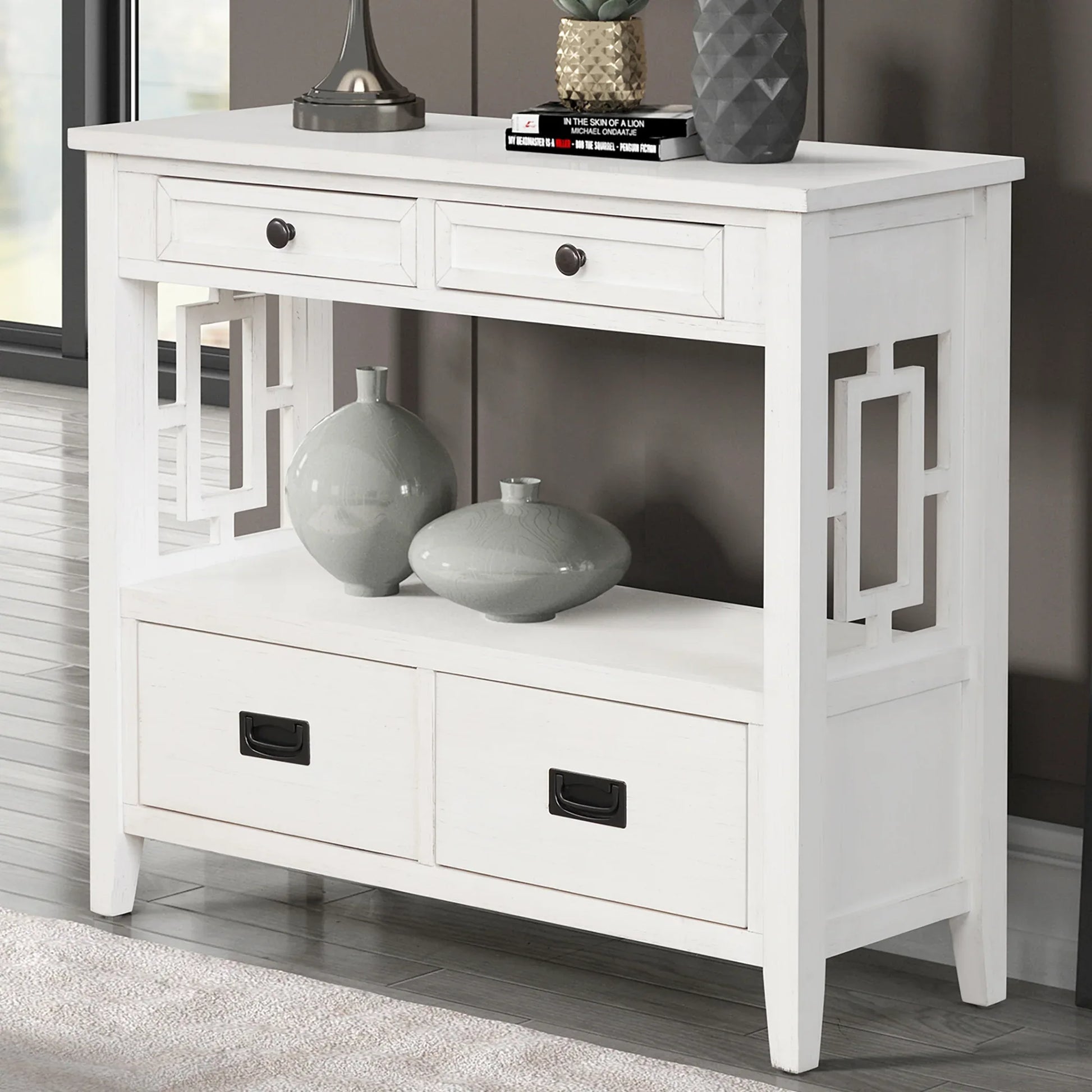 36'' Farmhouse Pine Wood Console Table Entry Sofa Table with 4 Drawers & 1 Storage Shelf (Antique White) - Shello's Creative Boutique