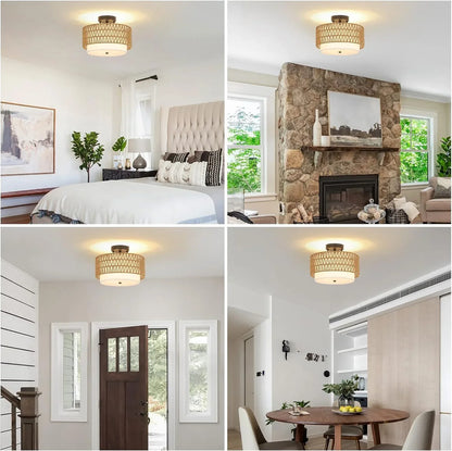 3-Light Semi Flush Mount Ceiling Light Fixture, Boho Rattan Light Fixtures Ceiling, Farmhouse Drum Light with Fabric Shade - Shello's Creative Boutique