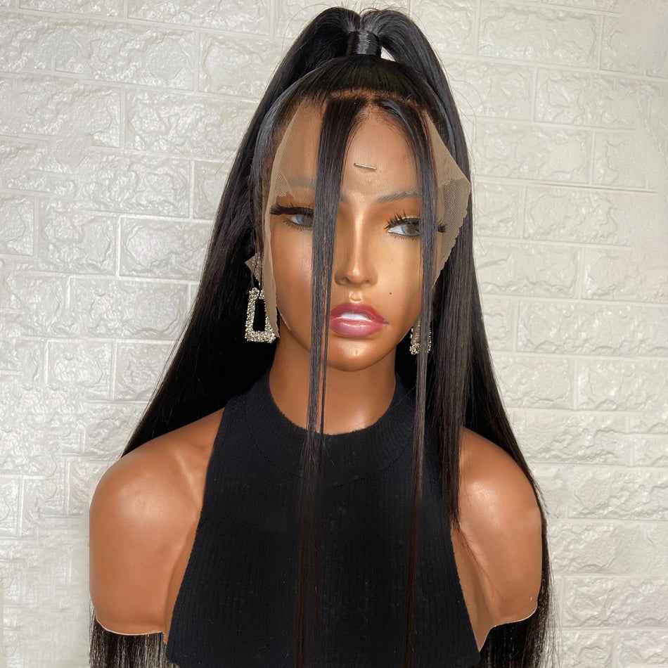 Natural Transition Wig Black Synthetic Front Lace Long Straight Hair Matte Silk