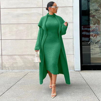Women's autumn and winter new fashionable loose cardigan jacket double-sided velvet dress set for women - Shello's Creative Boutique