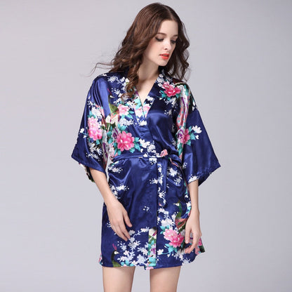 Women Faux Silk Robe Satin Wedding Bride Robe Large Size Sexy Floral Bathrobe Short Nightwear Women Pajamas Kimono eprolo