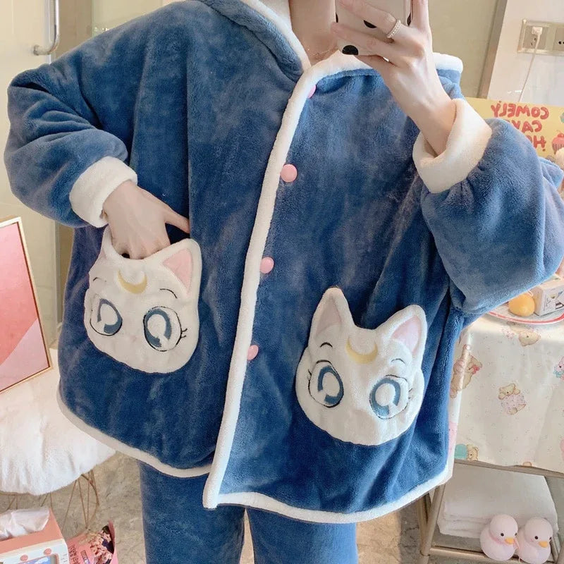 Winter Pajamas Women Sleepwear Plus Size XXXL Flannel Pyjamas Fashion Home Wear Cartoon Hooded Nightgown Coral Velvet Cardigan - Shello's Creative Boutique