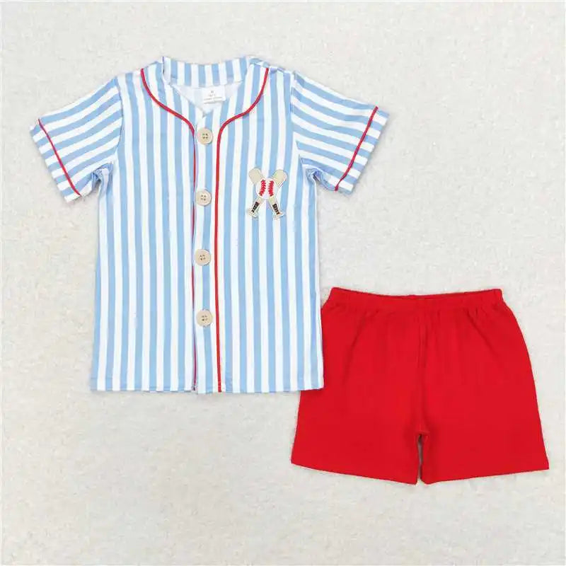 Baseball Stripe Summer Sibling Romper Set – Unisex Blue Striped Short Sleeve Outfit (Ages 4–6) Shello's Creative Boutique