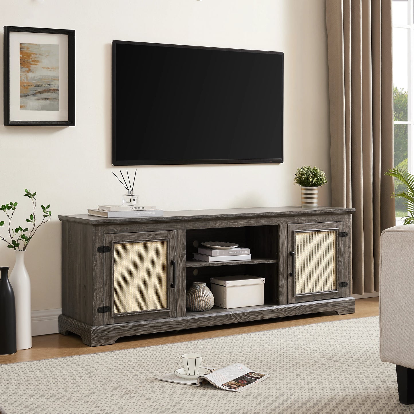 Vine TV stand console table, suitable for TVs under 70 inches, equipped with 2 storage shelves and 2 natural rattan doors, gray - Shello's Creative Boutique